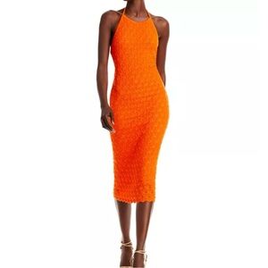 Alice & Olivia Orange Jone Pointelle Knit Sweater Halter Midi Dress Large NWT